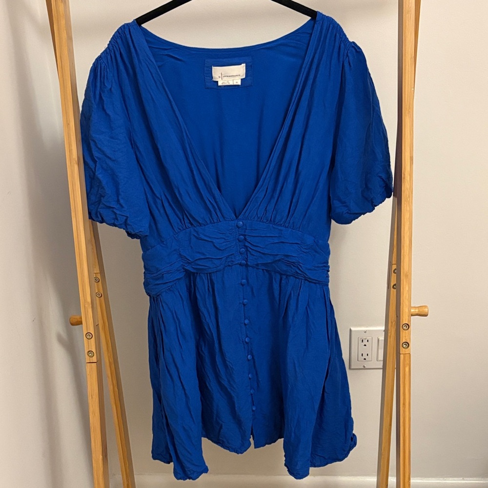 Anthropologie Katerina Cobalt Blue V-Neck Puff Sleeve Dress
